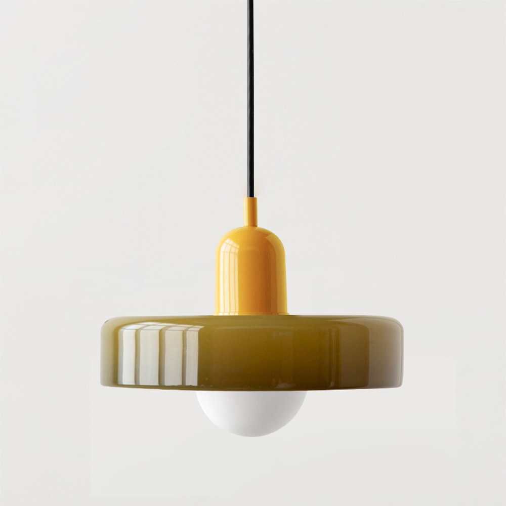 Farbige Glaspendelleuchte im Bauhaus-Stil
