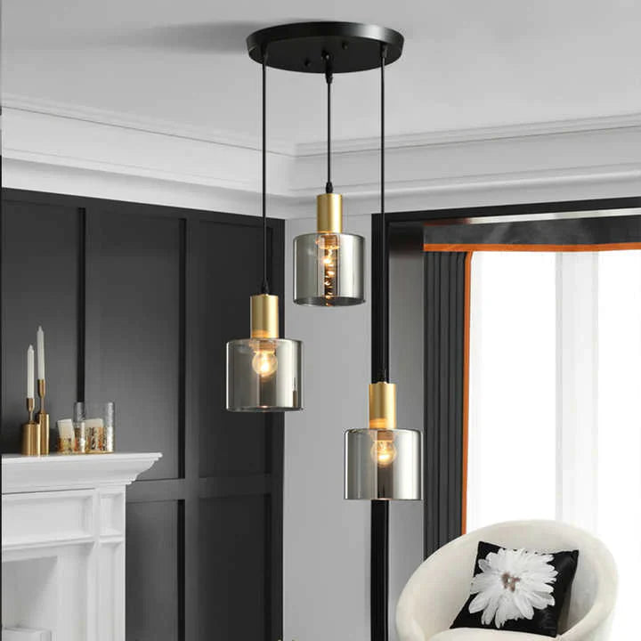 Schwarze Designer-Pendelleuchte mit goldenen und rauchgrauen Elementen