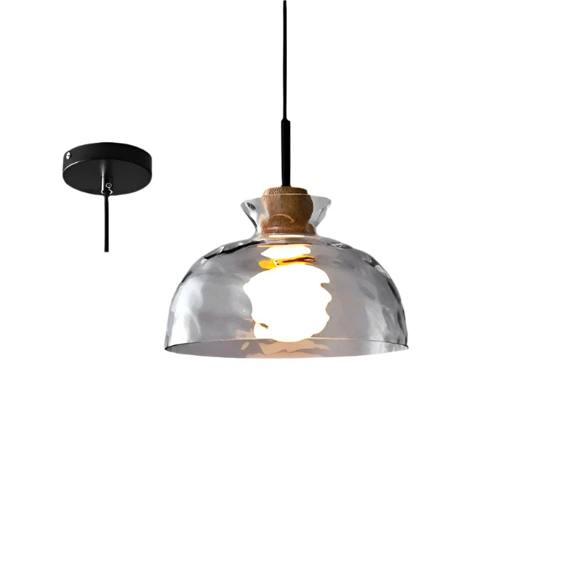Holz-Pendelleuchte mit Glas-Schirm im Ripple-Design