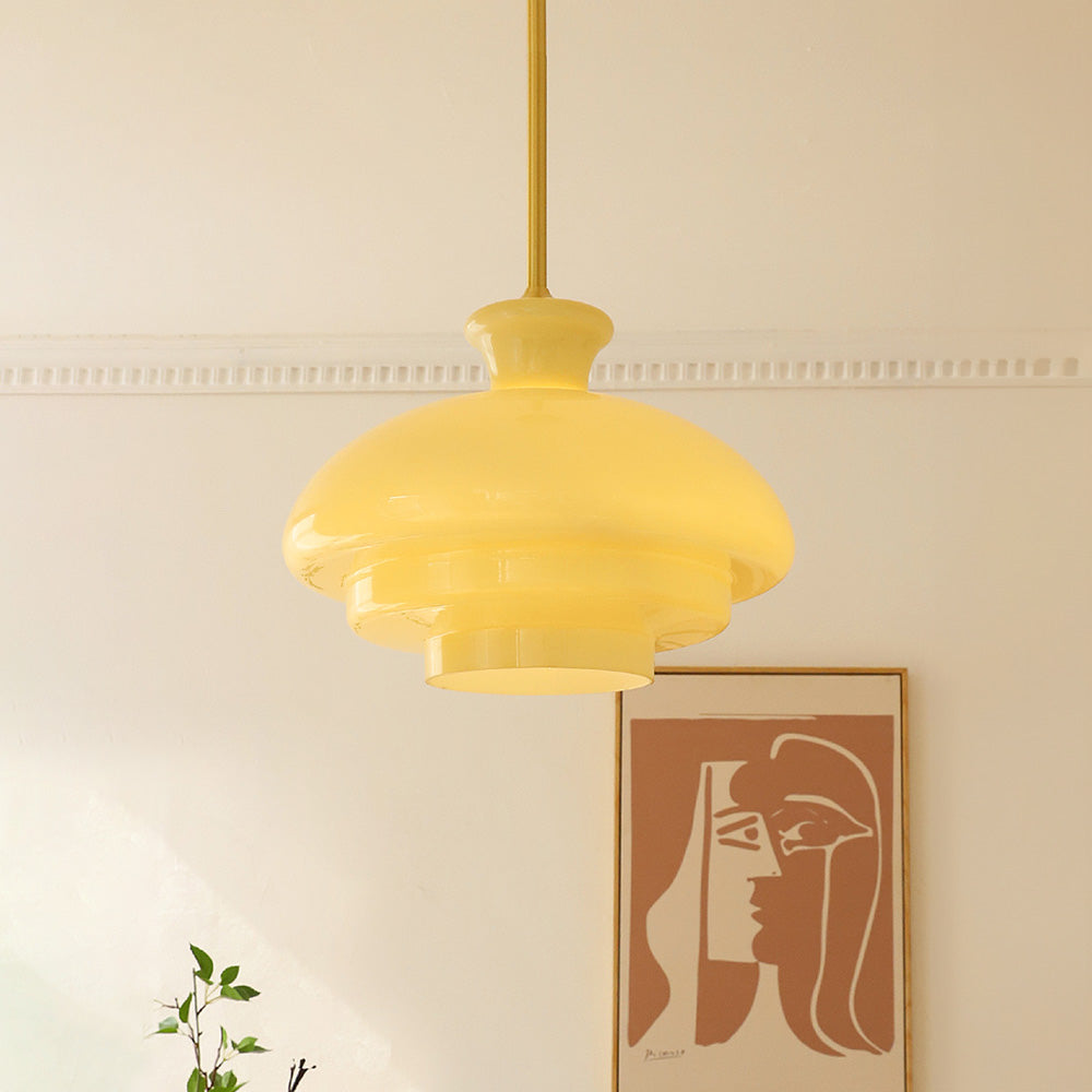 Cremegelbe Bauhaus Hängelampe aus Glas
 - OnyxLampen