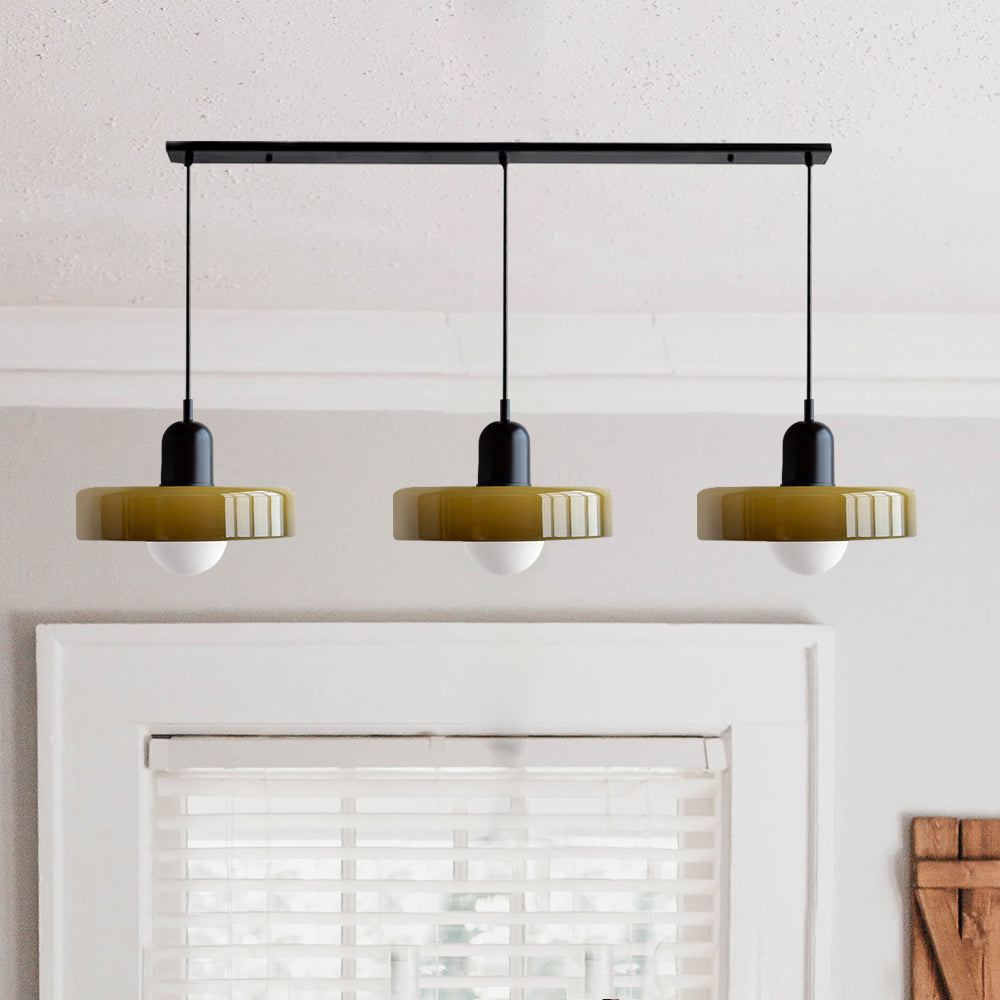 Dreiflammige Bauhaus-Pendelleuchte aus farbigem Glas