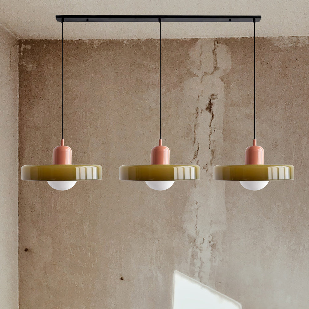 Dreiflammige Bauhaus-Pendelleuchte aus farbigem Glas