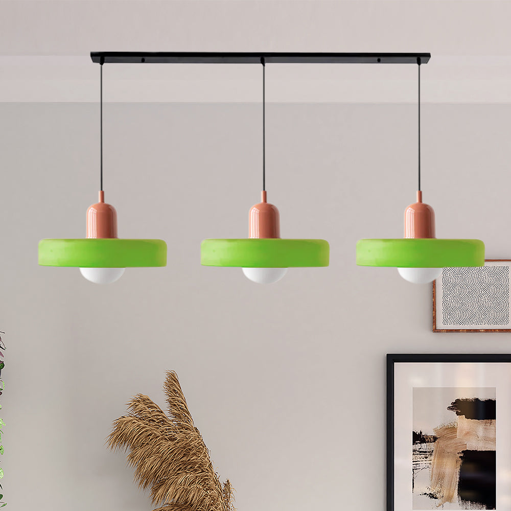 Dreiflammige Bauhaus-Pendelleuchte aus farbigem Glas