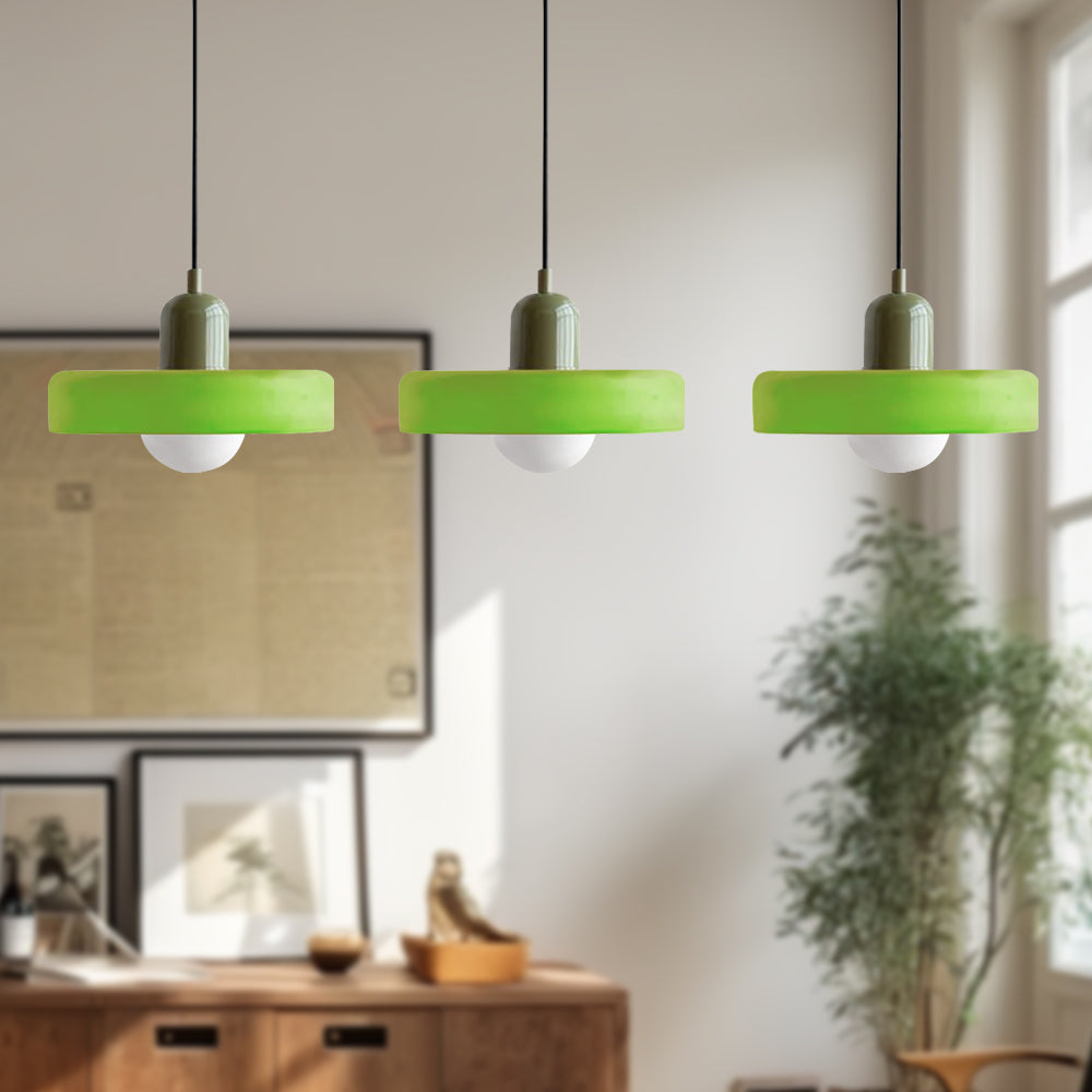 Dreiflammige Bauhaus-Pendelleuchte aus farbigem Glas