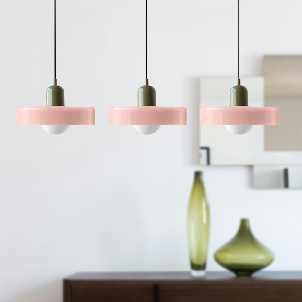 Dreiflammige Bauhaus-Pendelleuchte aus farbigem Glas