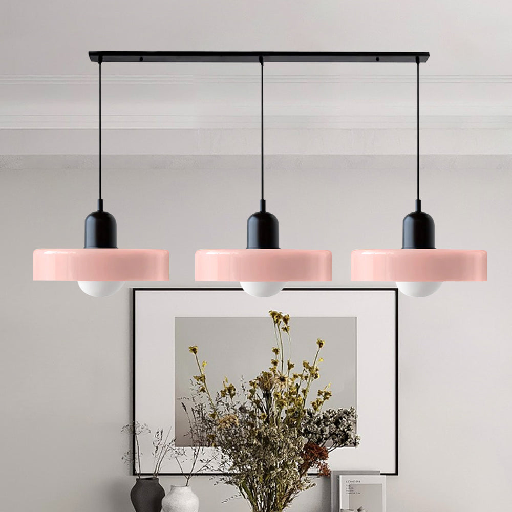Dreiflammige Bauhaus-Pendelleuchte aus farbigem Glas