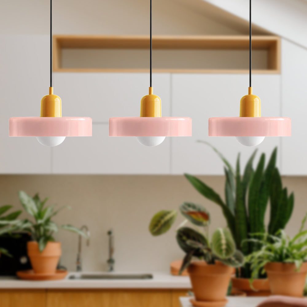 Dreiflammige Bauhaus-Pendelleuchte aus farbigem Glas