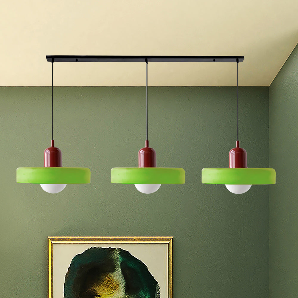 Dreiflammige Bauhaus-Pendelleuchte aus farbigem Glas